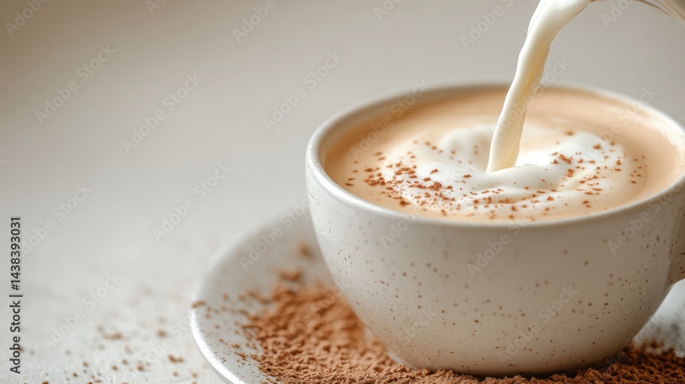 Creamy Latte Coffee with Cocoa Powder Milk Pouring into Cup