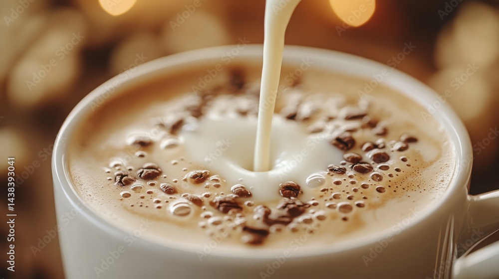 Creamy Milk Pouring into Aromatic Coffee with Coffee Beans Close up