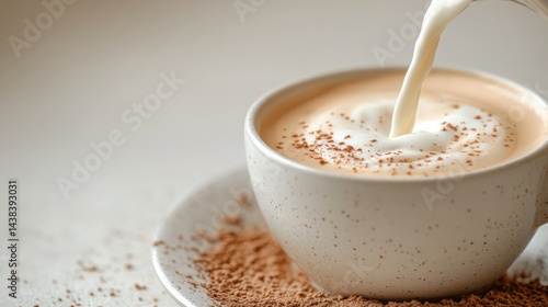 Obraz na płótnie Creamy Latte Coffee with Cocoa Powder Milk Pouring into Cup w salonie
