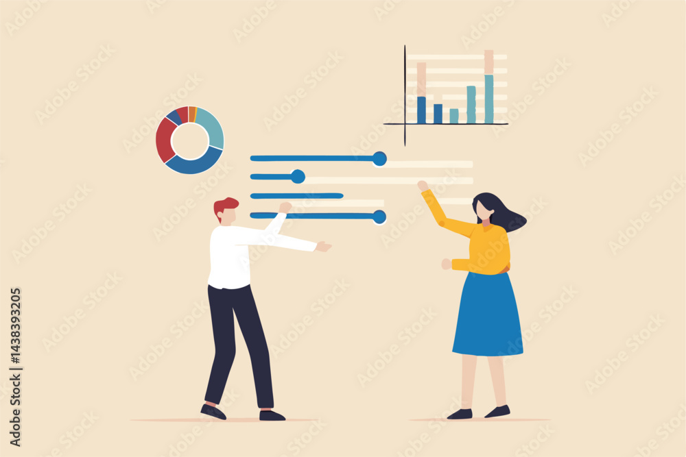 Control panel or slider for marketing campaign optimization, SEO or online service customization, application development concept, business people control slider bar interface to optimize system.