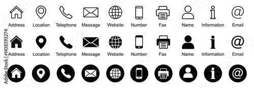 Contact icon set, contact us in line and solid style. Web icons set address, location, number, fax, email, phone, website, message, name, information icon collection, communication contact