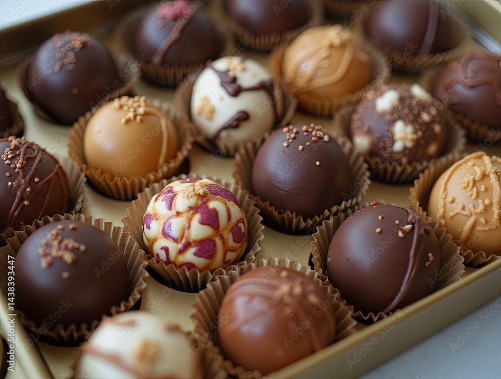 Detailed artisan chocolates and truffles in a luxury box, highlighting craftsmanship, color, and gourmet appeal.
Detailed artisan chocolates and truffles in a luxury box, highlighting craftsmanship, color, and gourmet appeal.