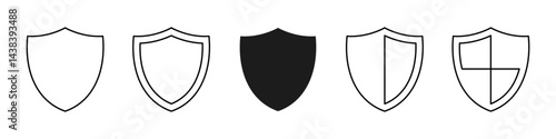 Shield icons set, protect shield collection, security shield icons with contours and linear outline style, editable stroke