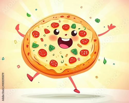 Pizza Digital colorful neon pizza slice floating in cyber Happy cartoon pizza with cheerful expression.