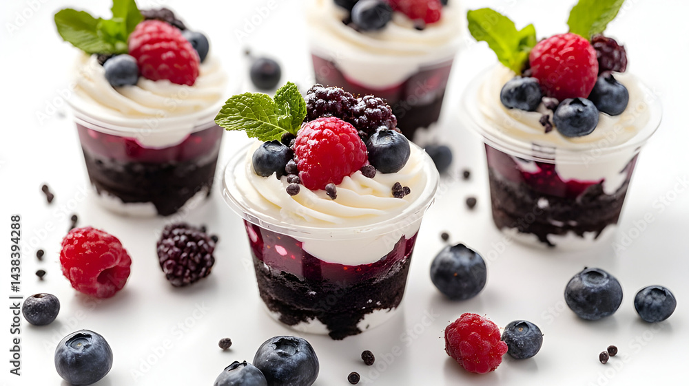 A close up of four small desserts with blueberries and raspberries on top A close up of four small desserts with blueberries and raspberries on top
