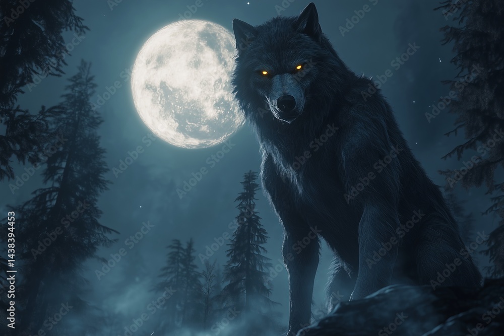 Werewolf in misty forest under full moon