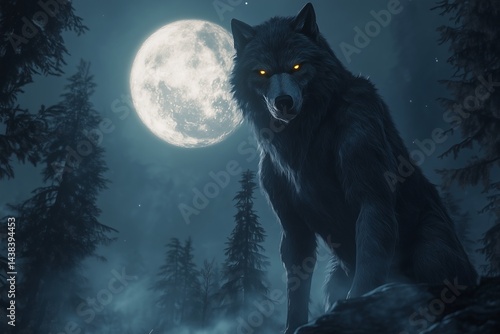 Obraz na płótnie Werewolf in misty forest under full moon w salonie