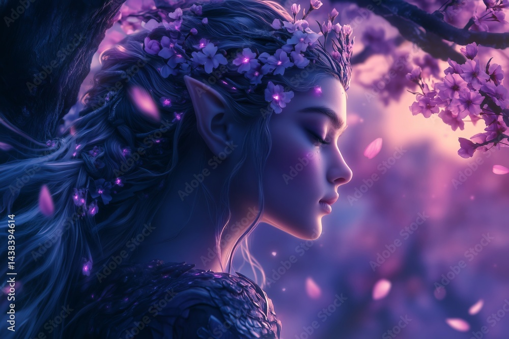 Elf woman with flower crown in glowing cherry blossoms