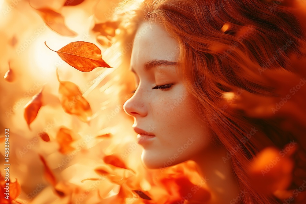 Red-haired woman with autumn leaves