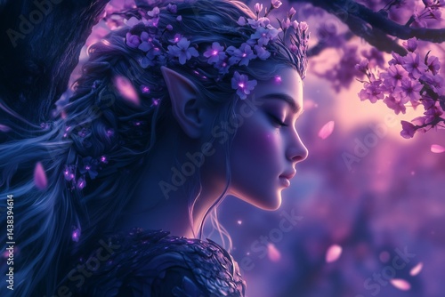 Obraz na płótnie Elf woman with flower crown in glowing cherry blossoms w salonie