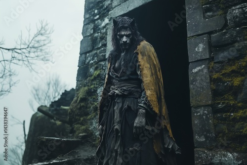 Wild werewolf hybrid emerging from ruins
