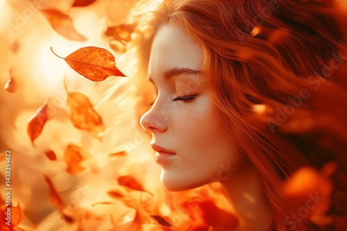 Obraz na płótnie Red-haired woman with autumn leaves w salonie