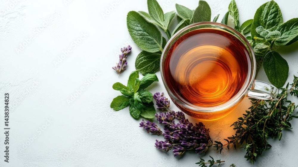 Aromatic Herbal Tea Cup with Fresh Lavender Mint Sage Thyme