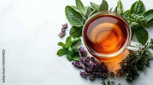 Obraz na płótnie Aromatic Herbal Tea Cup with Fresh Lavender Mint Sage Thyme w salonie