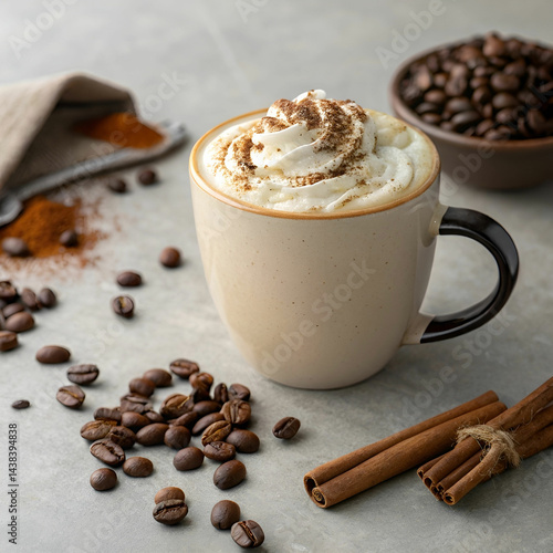 front view coffee latte with coffee beans