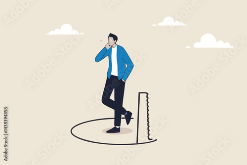 Unexpected business mistake, problem or accident, unknown future or danger, surprise economic crisis or financial crash, careless businessman standing without knowing someone sawing floor to collapse.