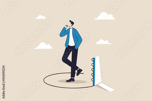 Unexpected business mistake, problem or accident, unknown future or danger, surprise economic crisis or financial crash, careless businessman standing without knowing someone sawing floor to collapse.