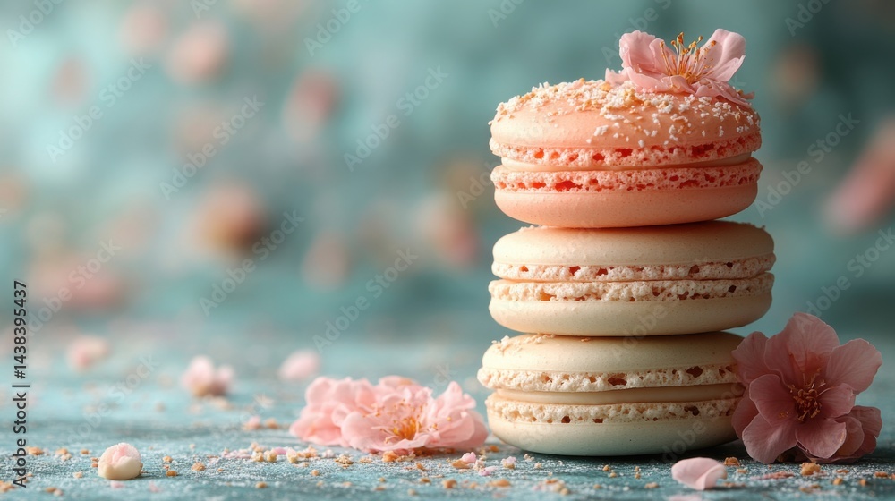 Delicious Pink and White Macarons with Cherry Blossoms Sweet Pastry Dessert