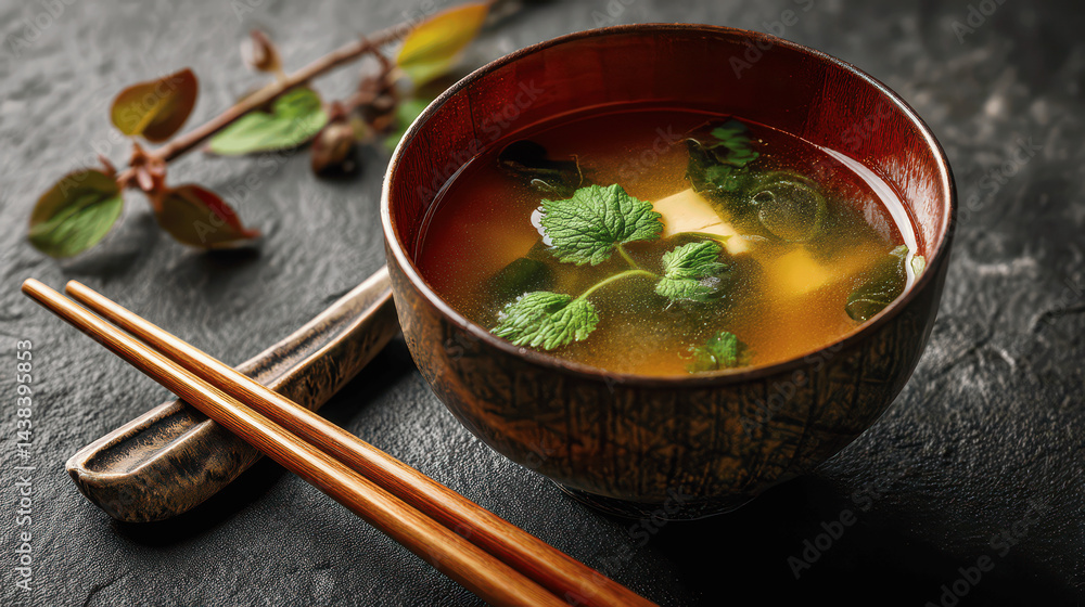 A bowl of warm broth featuring herbs and tofu is artfully presented on a dark textured background. A bowl of warm broth featuring herbs and tofu is artfully presented on a dark textured background.