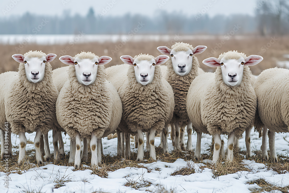 Fototapeta premium A group of sheep standing in a snowy field, with a serene winter landscape in the background