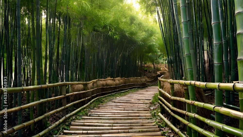 Obraz premium A path through a thicket of bamboo.