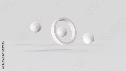 Abstract 3d animation, composition with spheres in light grey background 