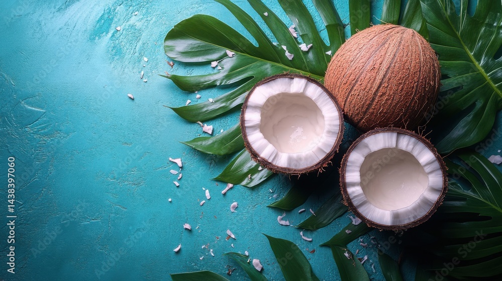 Tropical Coconuts Halved with Palm Leaves on Teal Background