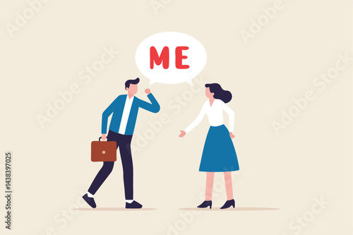 Selfish and ego make people argue for their right, overconfidence or narcissism fighting or conflict, greed or spoiled concept, selfish businessman and businesswoman argue by shouting the word ME.