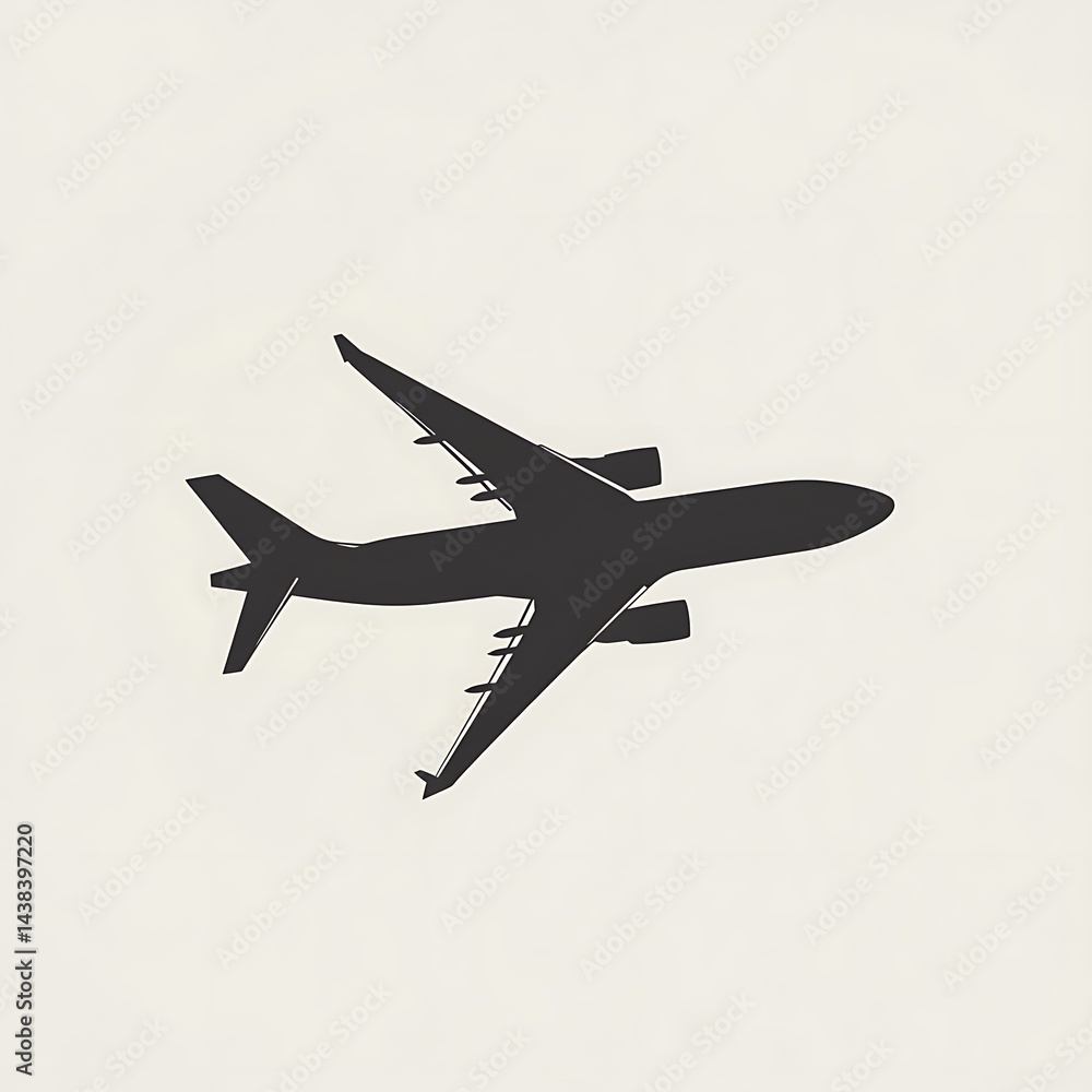 Black Silhouette of Airplane Flying on a White Backdrop, Providing a Clean and Modern Aviation Graphic.