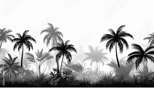horizontal seamless pattern summer tropical forest tile landscape with exotic palms trees and grass black and grey silhouettes on white background