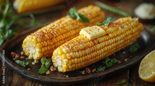 Obraz na płótnie Delicious Buttery Grilled Corn on the Cob with Seasoning and Herbs w salonie