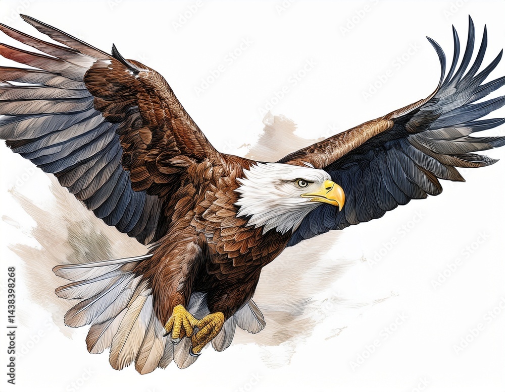 Obraz premium hand drawing of bald eagle flying isolated on white background