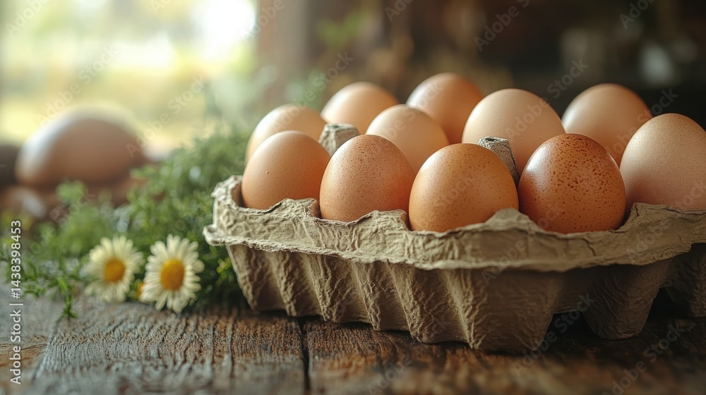 Fresh Brown Eggs in Carton on Rustic Wooden Table with Spring Flowers