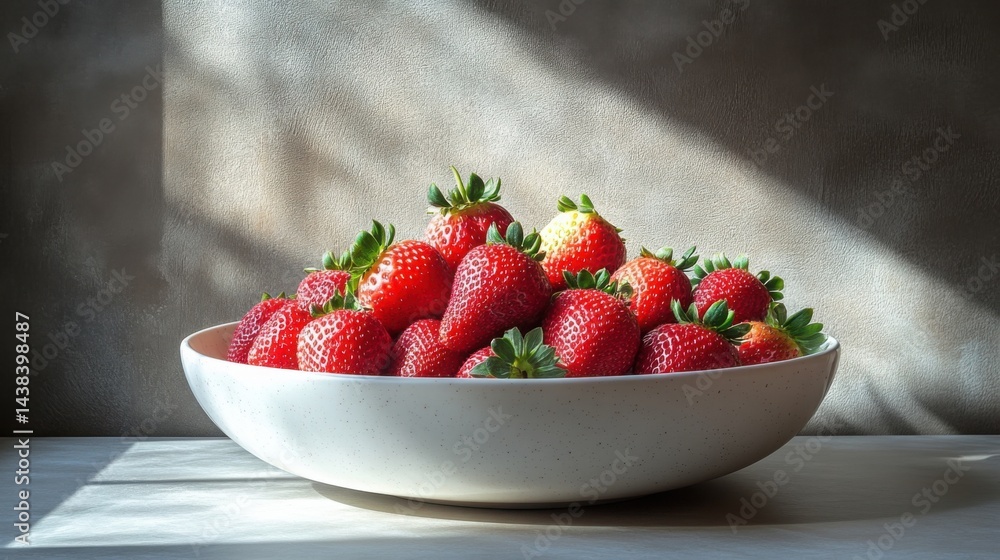 Fresh Juicy Strawberries in a White Bowl Sunlit Still Life Photography