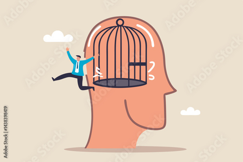 Freedom, break free from prison of thinking, inspiration or think out of the box, psychology or mental therapy, emotional concept, confidence businessman jump out of cage in his head for freedom.