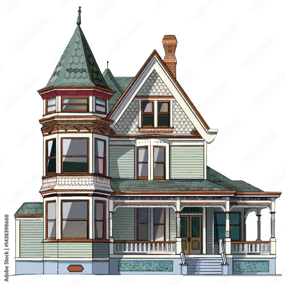 A cute house model of Queen Anne house vector A cute house model of Queen Anne house vector
