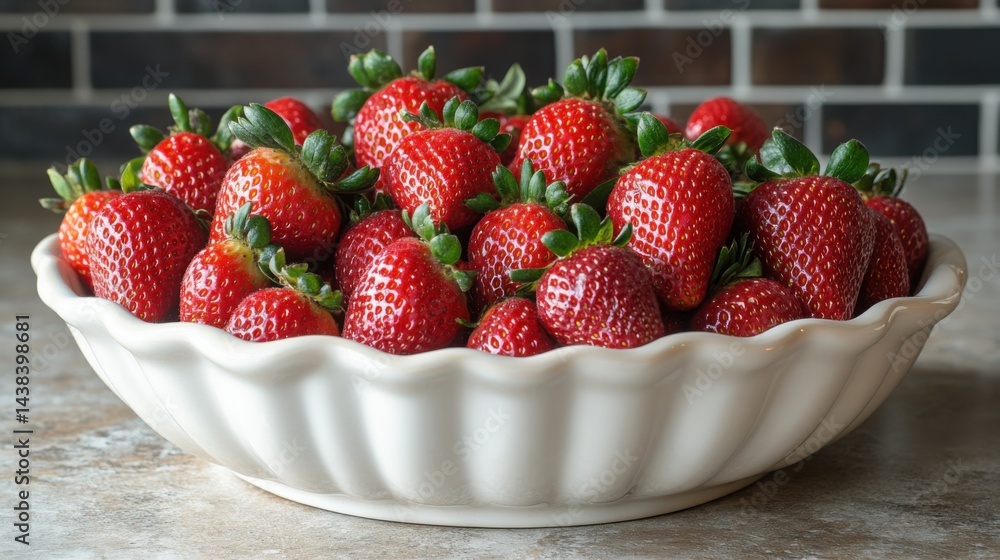 Fresh Juicy Strawberries in a White Fluted Bowl Close Up Summer Fruit