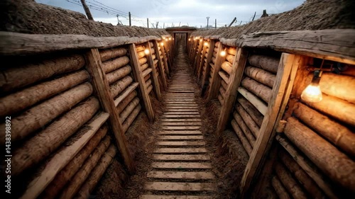 World War trench interior, wooden logs, lighting, walkway, sandbags and barbed wire fortification detail, historical reenactment