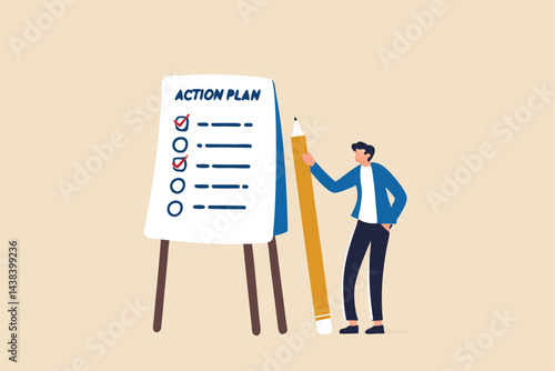 Action plan step by step checklist to progress and finish project, procedure or action steps to develop and complete work concept, businessman present action plan with checklist step on whiteboard.