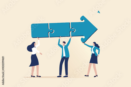 Teamwork connecting jigsaw puzzle metaphor of solving problem together, business direction or collaborate for winning and achieve success concept, business people coworkers connecting arrow jigsaw.