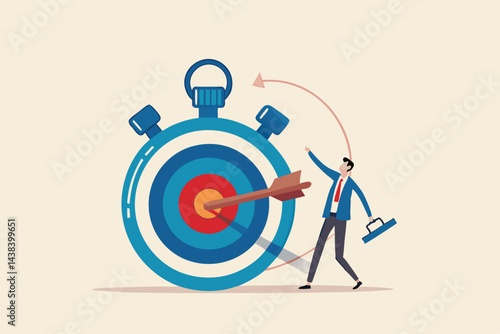 Time management to finish work within deadline, productivity or efficiency to reach goal, project timeline concept, smart businessman holding bow after shot at bullseye target on stopwatch.