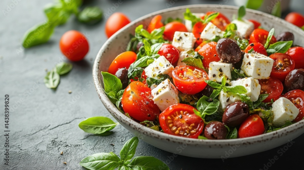 Fresh Mediterranean Salad with Feta Cheese Cherry Tomatoes and Olives