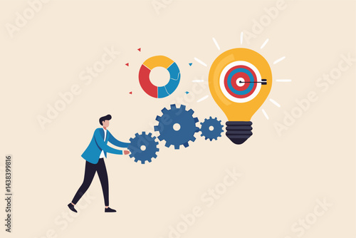 Project initiation or project execution, research or implement business idea to see result, effort to develop idea and business goal concept, businessman turn cog wheels to light up lightbulb idea.