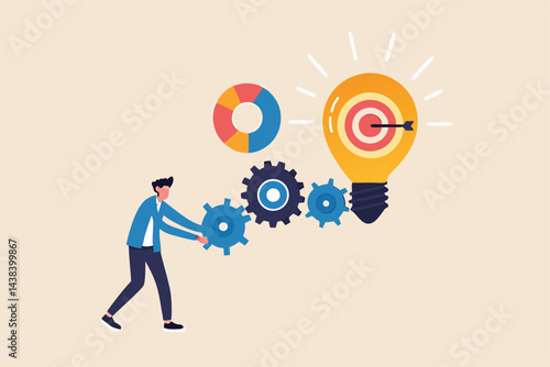 Project initiation or project execution, research or implement business idea to see result, effort to develop idea and business goal concept, businessman turn cog wheels to light up lightbulb idea.