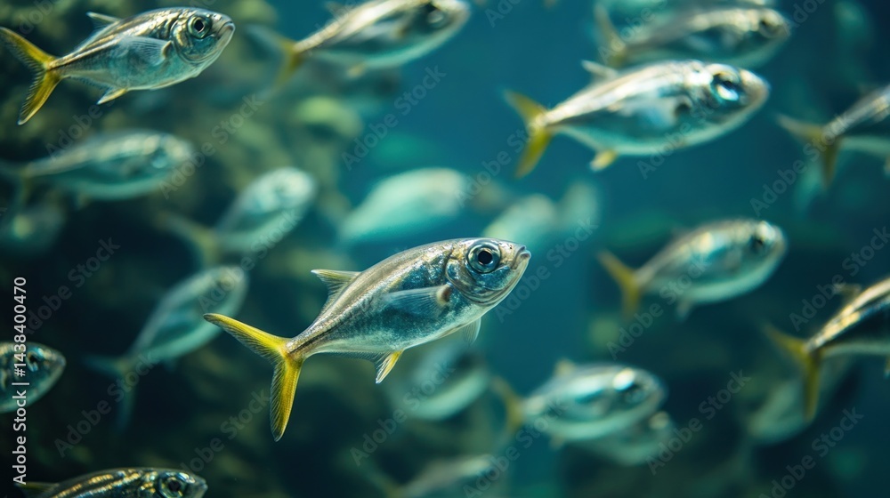Naklejka premium School of fish in an aquarium. Many small fish swim in a group, close together, in a dark-blue aquarium environment. One fish is more central and slightly in focus.