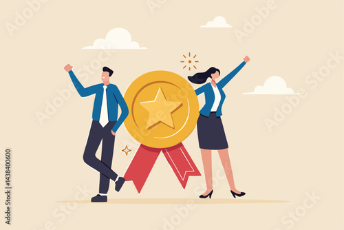 Professional or expert who success and win award, best office employee or specialist with skills to achieve goal concept, success businessman and businesswoman professional stand with star award.