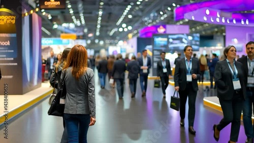 People at a large convention, walking by many different booths