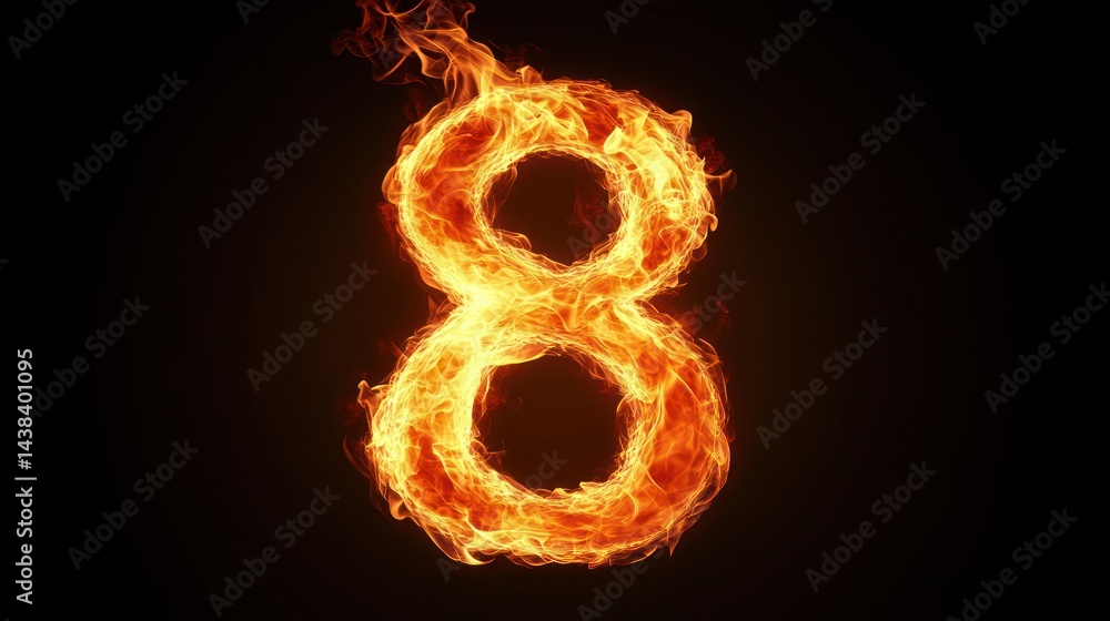 Fiery number eight, black background, design element Fiery number eight, black background, design element