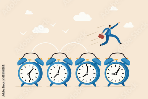 Time management, procrastination or work productivity, finish project within deadline, work efficiency or planning, fast pace project concept, businessman expert jumping on time passing alarm clock.