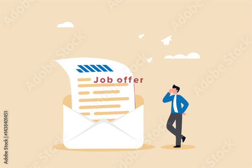 Job offer or job opportunity to be promoted or new position for higher salary, employment and recruitment, human resources concept, businessman candidate thinking to accept job offer email envelope.